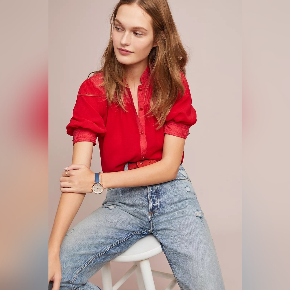 Anthropologie Maeve Lavoie Blouse Short Sleeve Red Size 6 Anthropologie